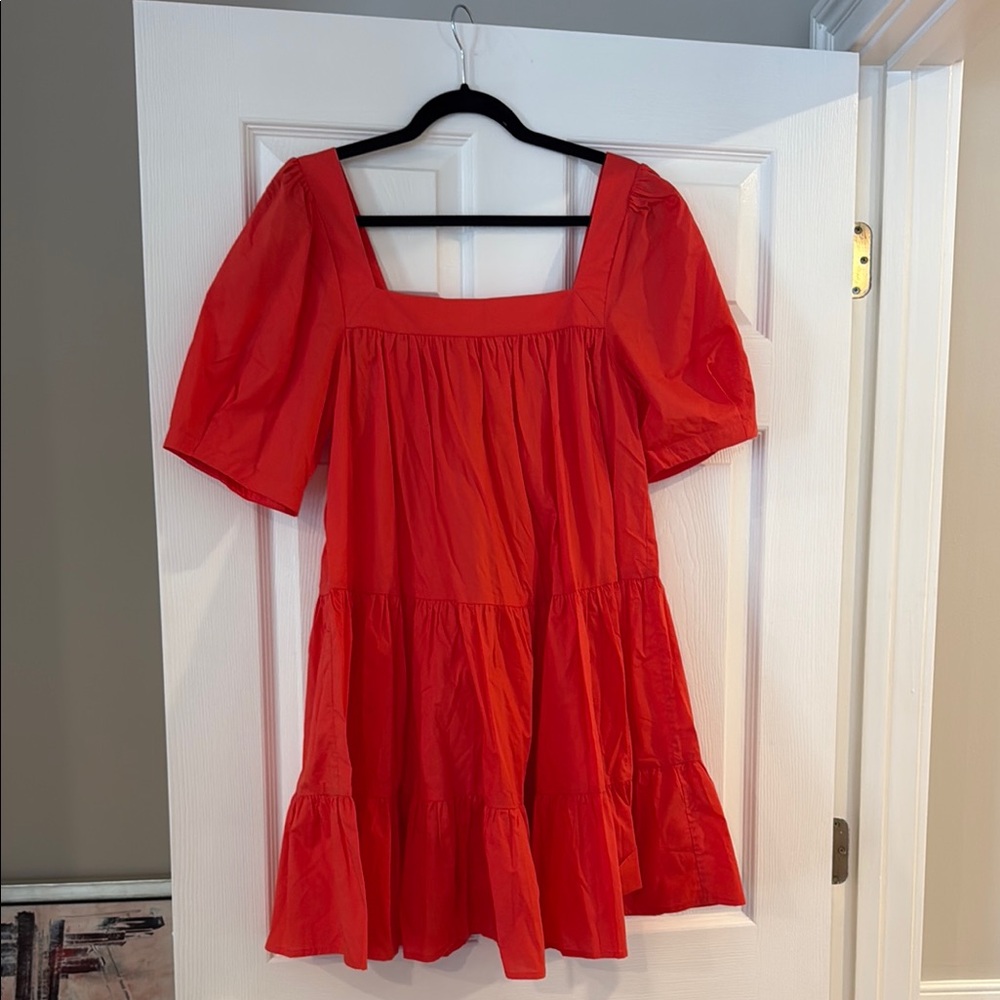 Coral/Red Mini Puff Sleeve Dress - Picture 2 of 4